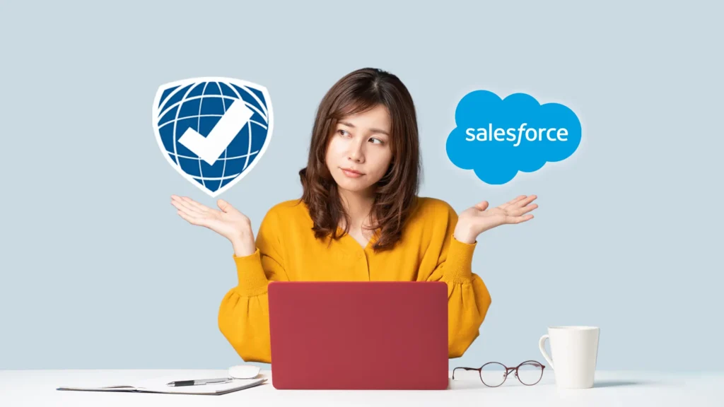 CMTS vs Salesforce
Woman holding both logos and comparing.
